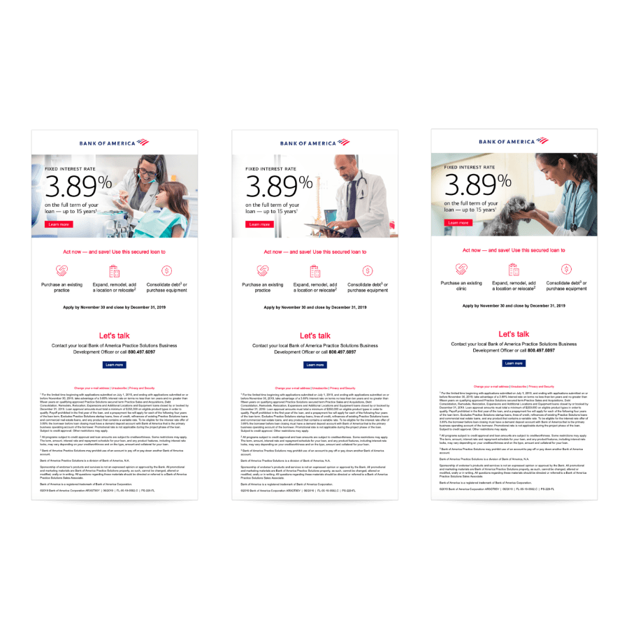 Bank of America Practice Solutions 3.89% Promotion Emails for Medical, Dental, and Veterinary Sectors