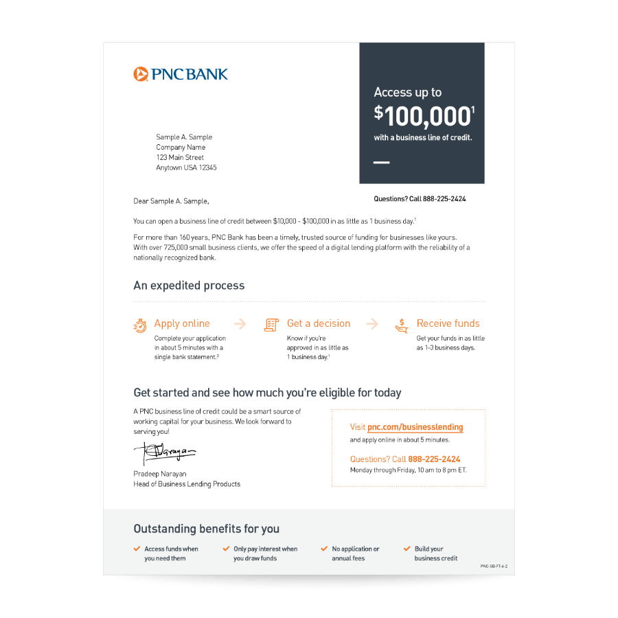 PNC Bank Business Line of Credit Letter